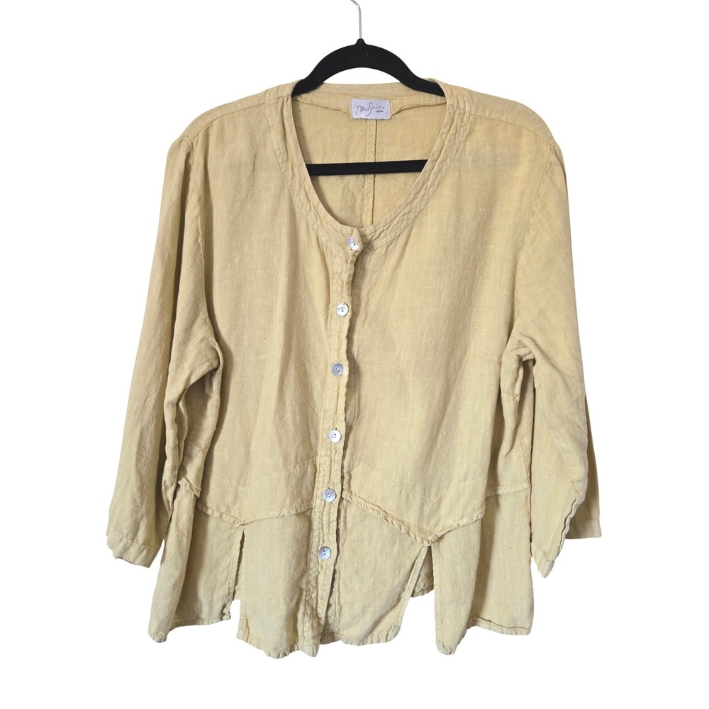 Mosaic USA Mustard Yellow Linen Button Front Lagenlook Top Womens L Art To Wear